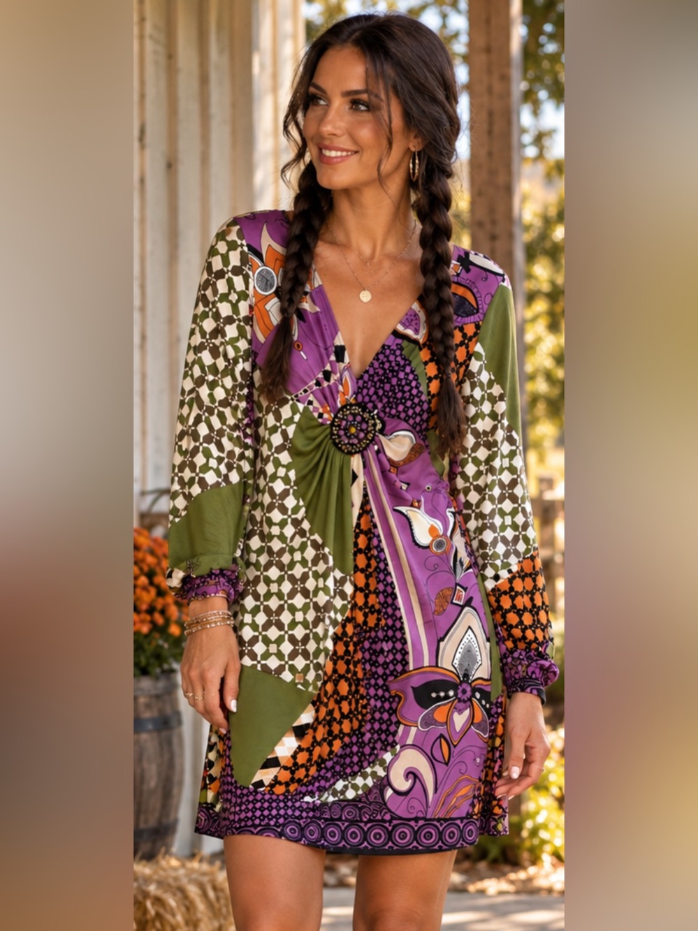 ECI Olive Green, Purple & Orange Patterned Twist-Front Tunic